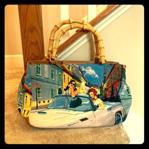 Printed handbag with beaded details